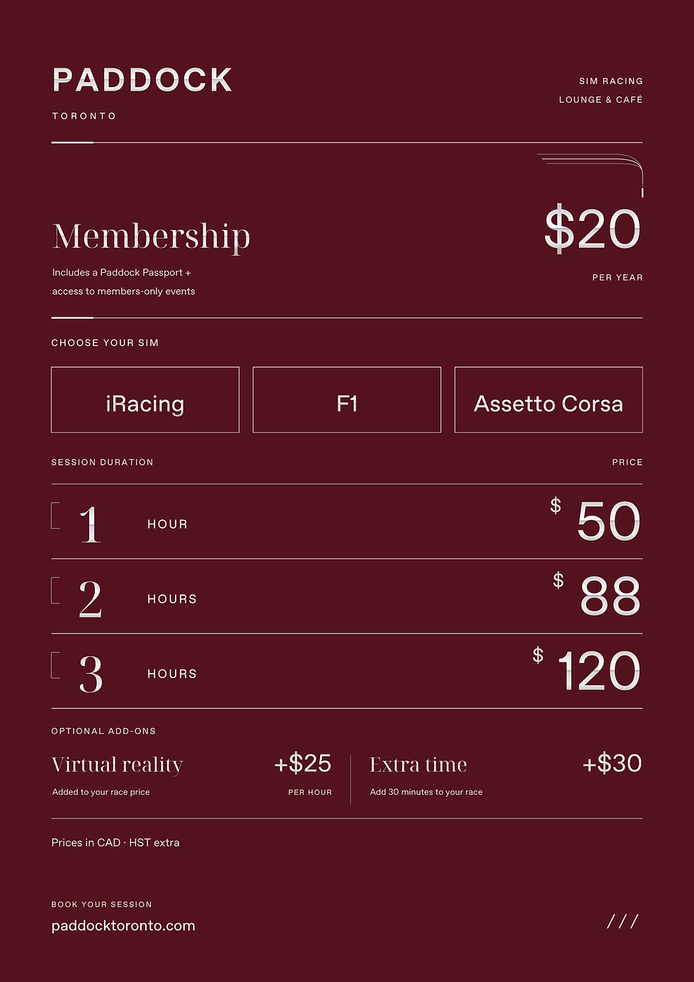 Paddock Toronto pricing menu in CAD, with membership, race sessions and add-ons; HST extra.