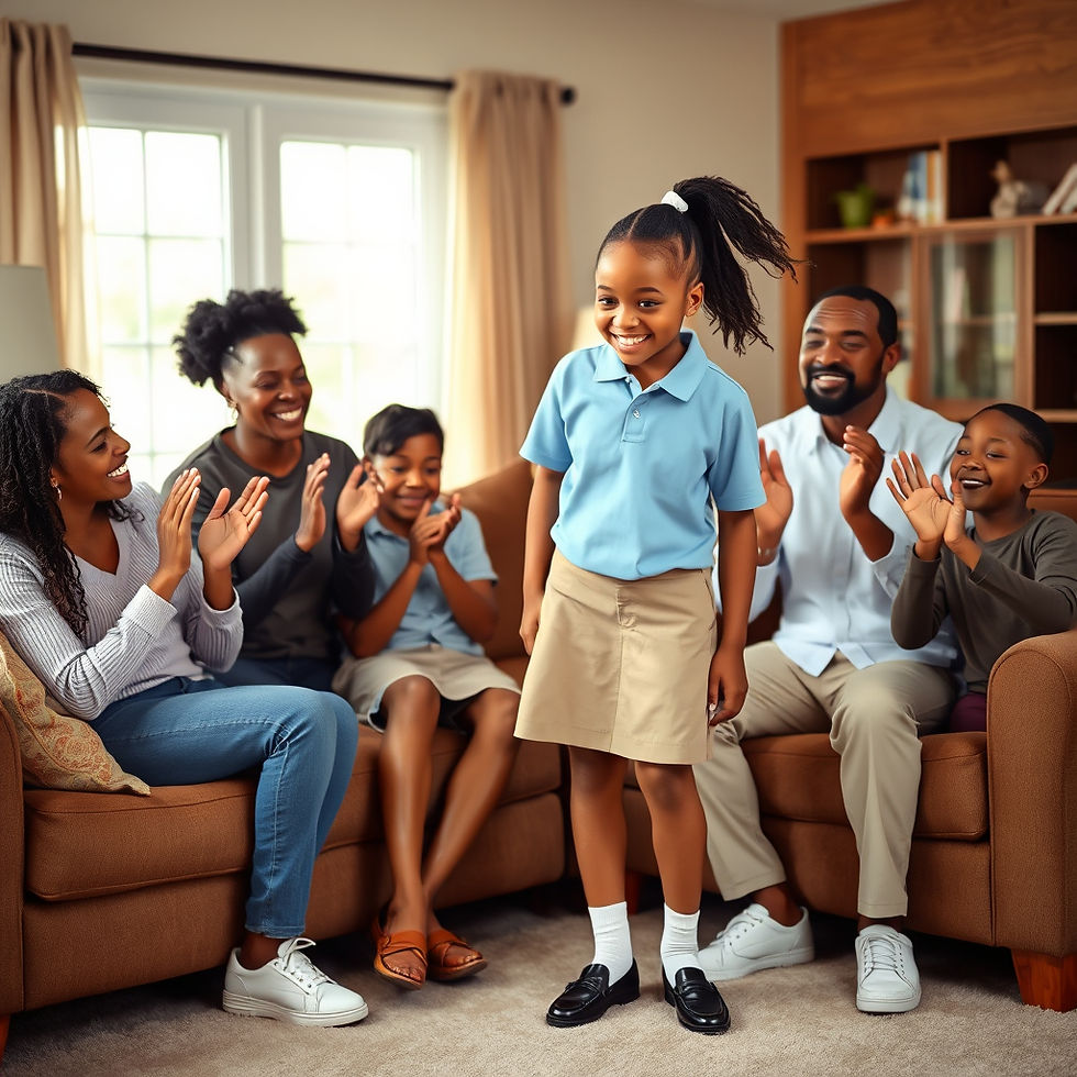 Girl in blue shirt and beige skirt smiles while family claps, sitting on a brown sofa in a cozy living room. Bright, cheerful mood.