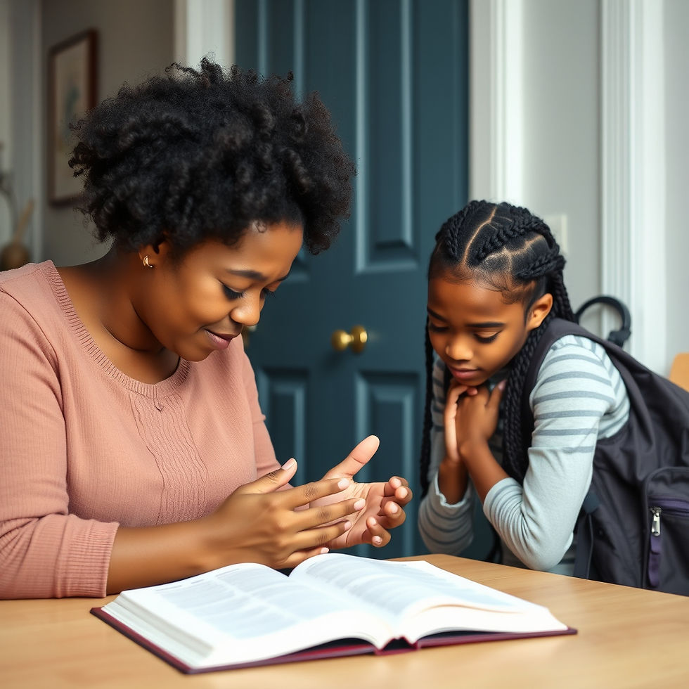 Woman and child sit at a table with an open bible, praying The room has a blue door and framed wall art, creating a warm mood.
