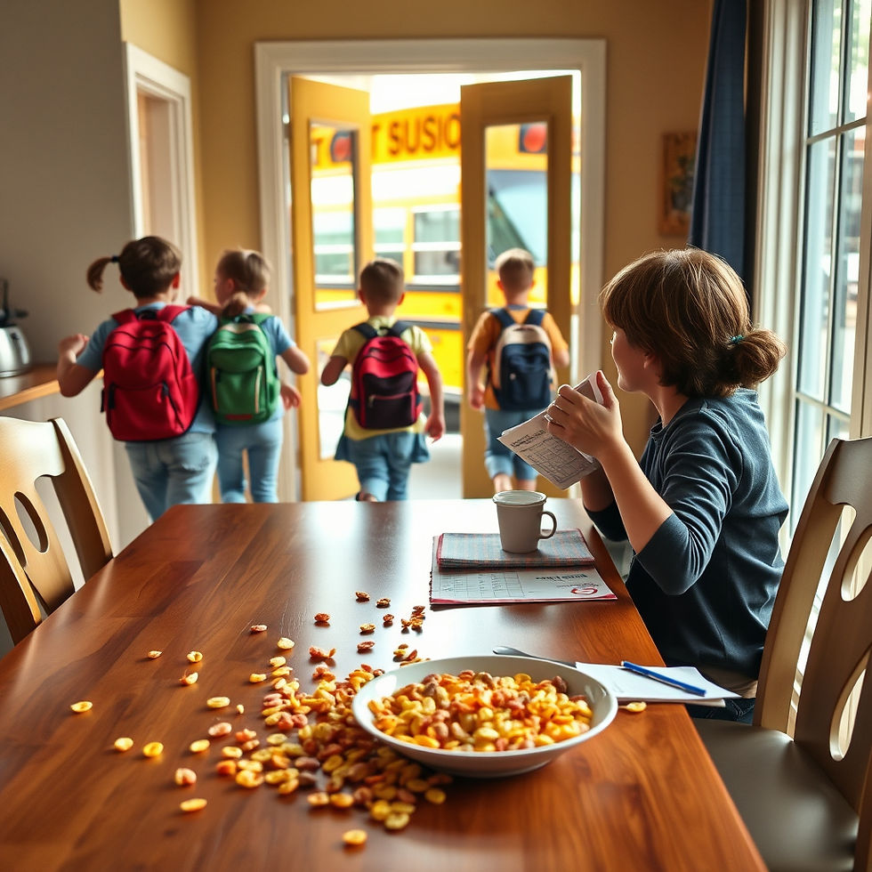 Stepmom at table with cereal bowl and paper, watches children in bright backpacks head to school bus outside. Warm morning light fills room.
