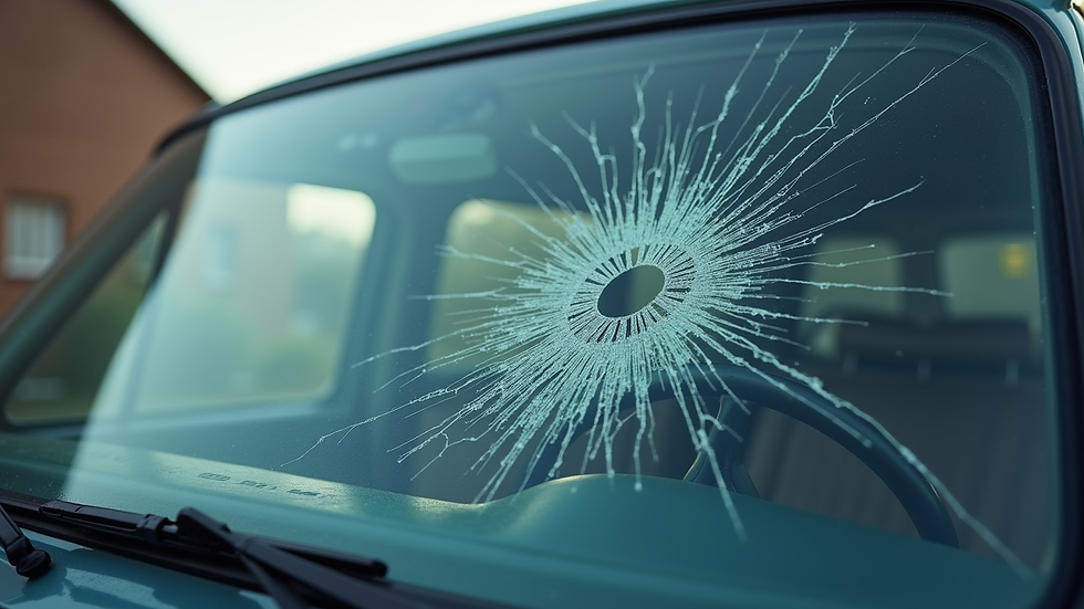 Eye-level view of a vehicle with a cracked windshield waiting for replacement