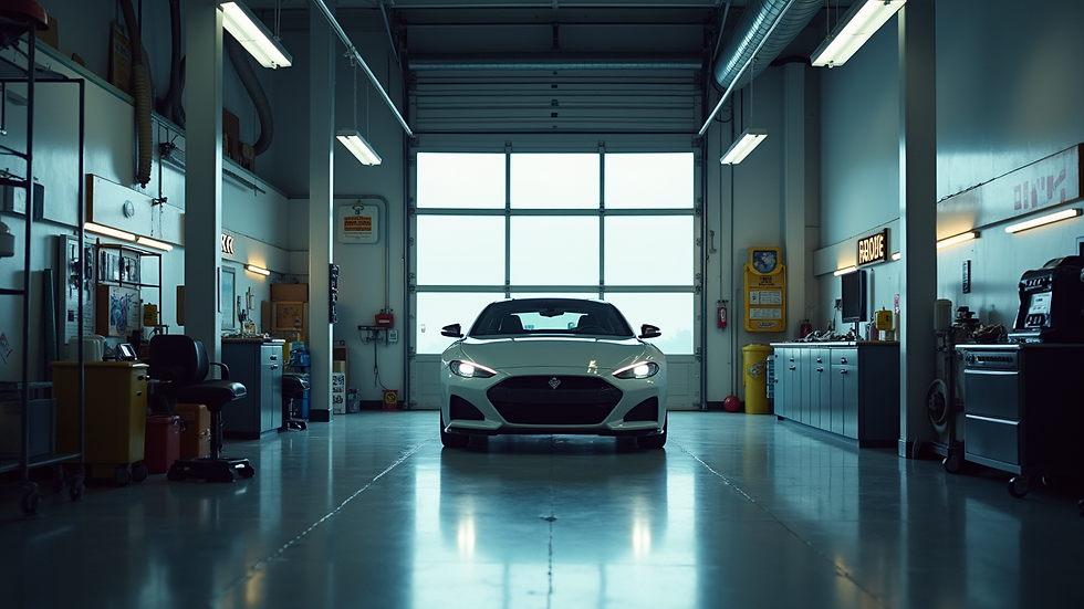 Eye-level view of a modern auto glass repair shop with a car inside