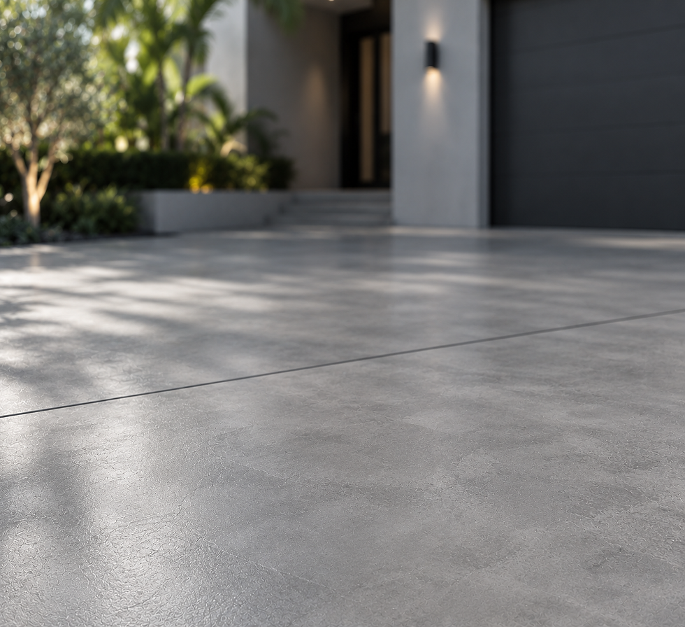 Smooth microcement gray concrete overlay resurfacing on a residential driveway