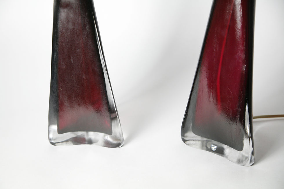 Thumbnail: Pair of Ruby Red Triangular Orrefors Lamp