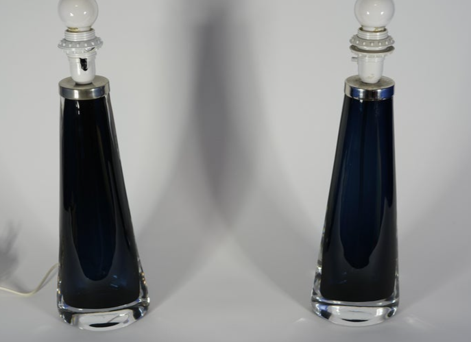 Thumbnail: Dark Blue Glass Orrefors Lamps by Carl Fagerlund Orrefors, Sweden, 1970