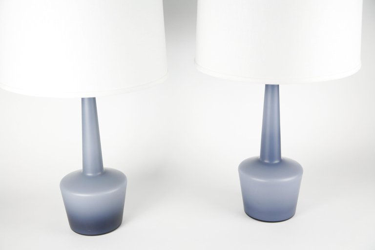 Thumbnail: Pair of Danish Blue Kastrup opaline glass Lamps, 1960