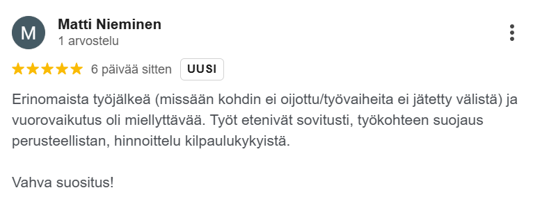 5 tähden asiakasarvostelu Turun Maalaus Veljekset Oy:lle. Kiitos erinomaisesta maalauspalvelusta Turussa.