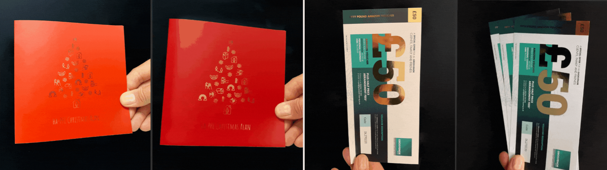 More foil printing examples, Business Christmas Card and Voucher with gold foiling
