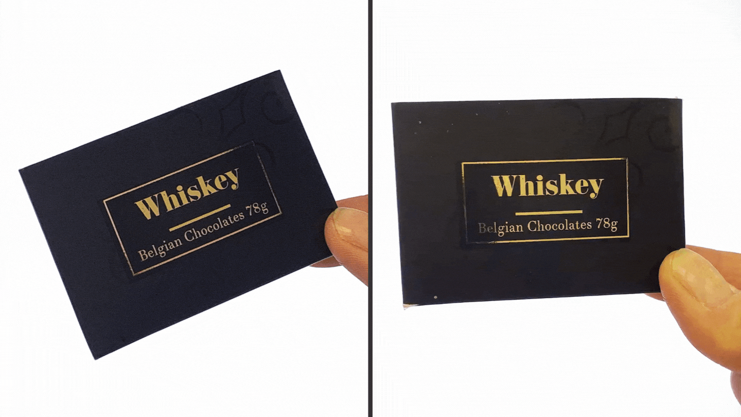 Gold foil packaging label for Whiskey infused Belgian Chocolates