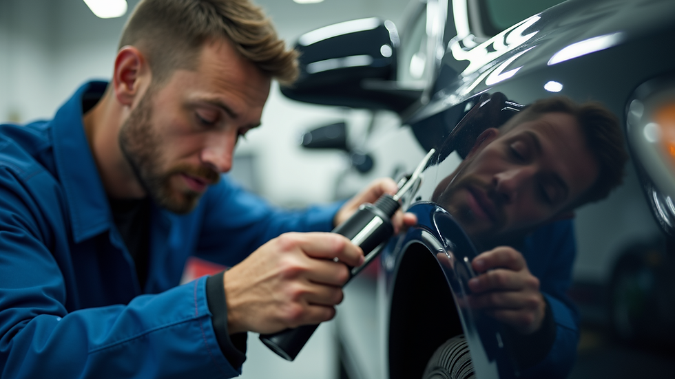 Close-up view of a technician repairing a car dent on-site