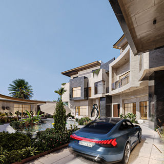 Villa entrance and driveway design featuring modern paving, shaded parking, and refined architectural composition.