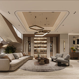 Luxury seating area featuring curved sofas, layered textures, and contemporary lighting in a refined residential interior.