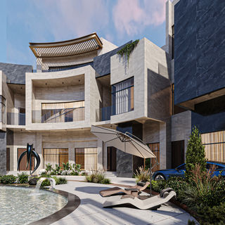 Contemporary villa façade with curved architectural elements, stone finishes, and modern exterior detailing.