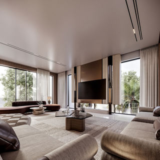 Luxury TV wall design with custom paneling, integrated lighting, floor-to-ceiling windows, and panoramic garden views in a modern villa.