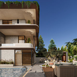 Side elevation of a modern luxury villa with curved balconies, landscaped terraces, and contemporary architectural detailing.
