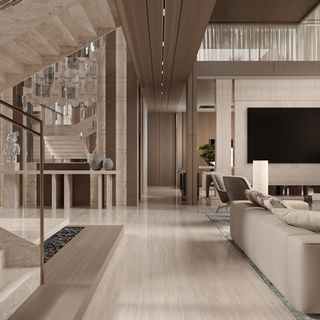 Contemporary living room showcasing soft neutral seating, warm wood accents, and a refined modern design aesthetic.