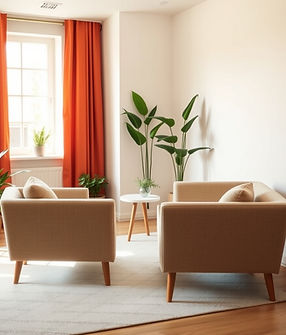 2 empty sofa chairs facing eachother in a counselling room- warm colours, plants, soft lig