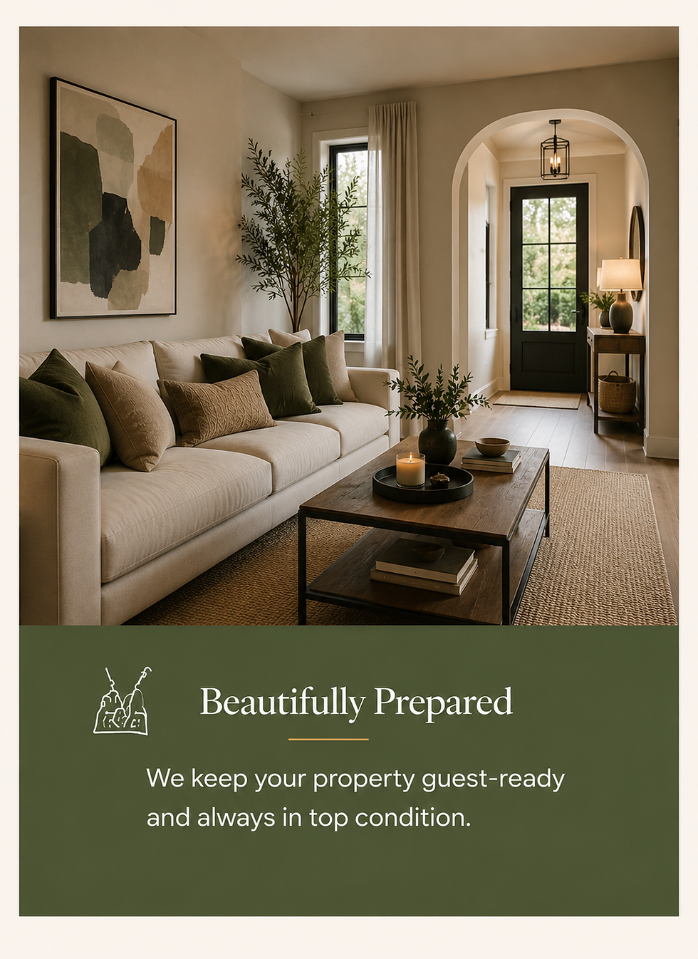 Beautifully prepared short-term rental with a clean welcoming living room ready for guests