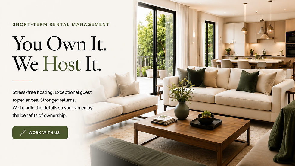 Host & Key Collective Airbnb co-hosting services with "You Own It. We Host It." over a modern short-term rental living room.
