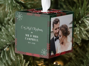 Best Deals! Wedding Photos Couples First Christmas Plaid Cube Ornament