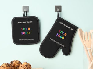 Top 5! Your Company Logo and Custom Text Choose Color Oven Mitt & Pot Holder Set
