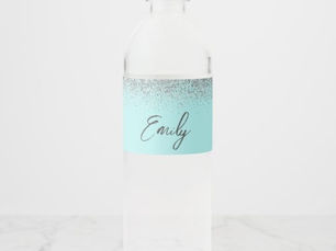 Top 10! Aqua Blue Teal Silver Glitter Monogram Water Bottle Label
