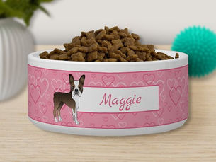 Hot Review! Brindle Boston Terrier Dog On Pink Hearts And Name Bowl