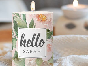Big Deals! Modern Watercolor Pink Flowers & Hello & Name Pillar Candle
