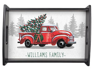 Review Vintage Red Truck Christmas Tree Family Name Serving Tray