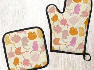 Top 5! Cats Pattern Orange Pink Yellow Oven Mitt & Pot Holder Set