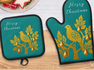 Best Price! Partridge In A Pear Tree Teal Gold Merry Christmas Oven Mitt & Pot Holder Set