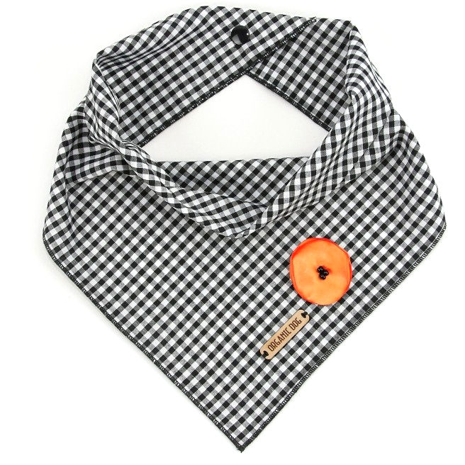 Thumbnail: Black and white gingham dog bandana with orange removable flower, snap closure, and Organic Dog tag