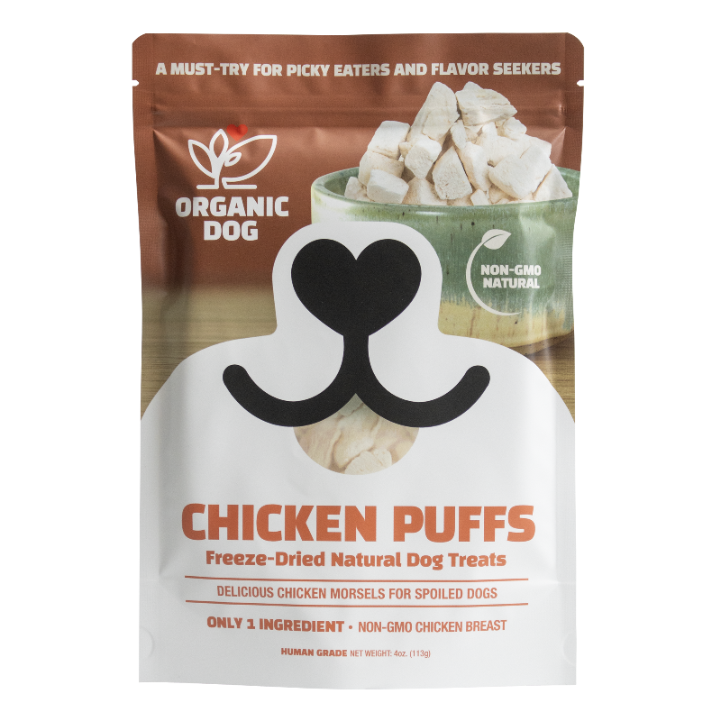 Thumbnail: Front of Organic Dog Chicken Puffs freeze-dried natural dog treats bag close-up