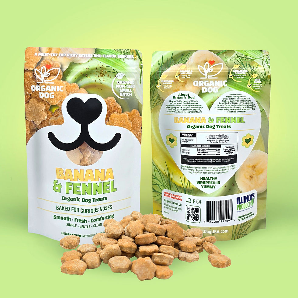 Front and back Banana Fennel dog treat bags with baked flower-shaped treats on a lime green background