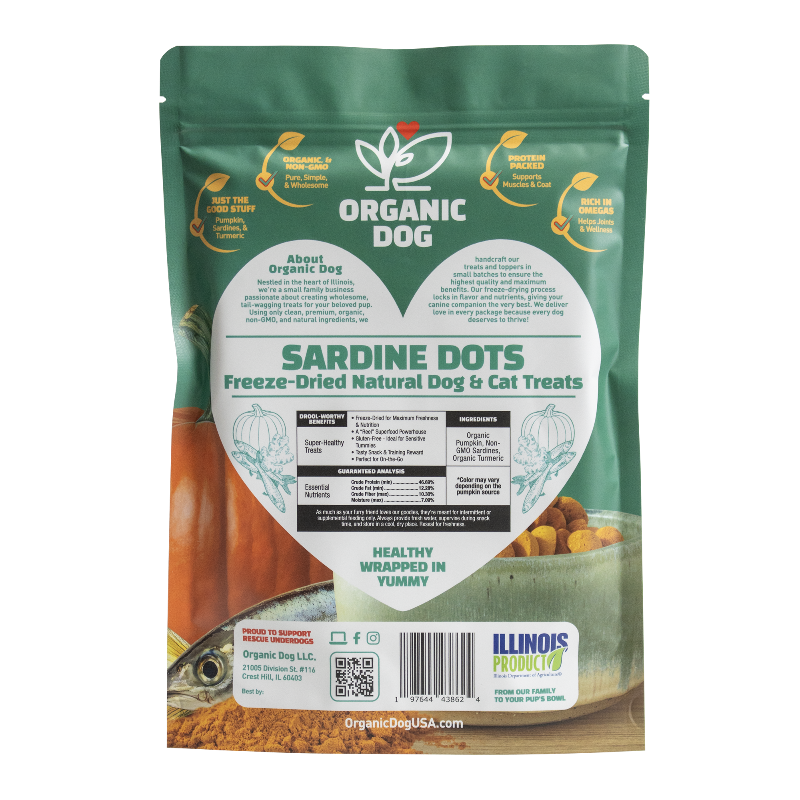 Thumbnail: Sardine Dots freeze-dried natural dog and cat treats packaging showing ingredients and analysis