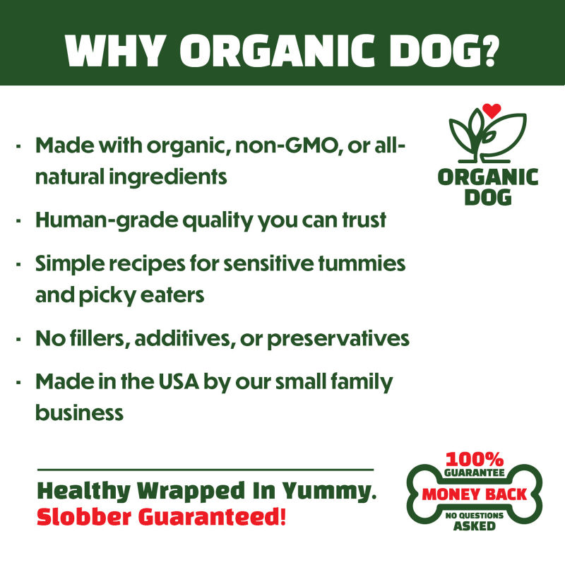 Thumbnail: Why Organic Dog infographic highlighting organic non-GMO dog treats made in USA by small family business