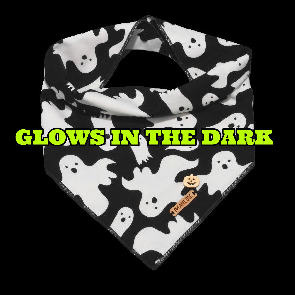 Black and white ghost Halloween dog bandana with glow-in-the-dark print and Organic Dog wooden tag