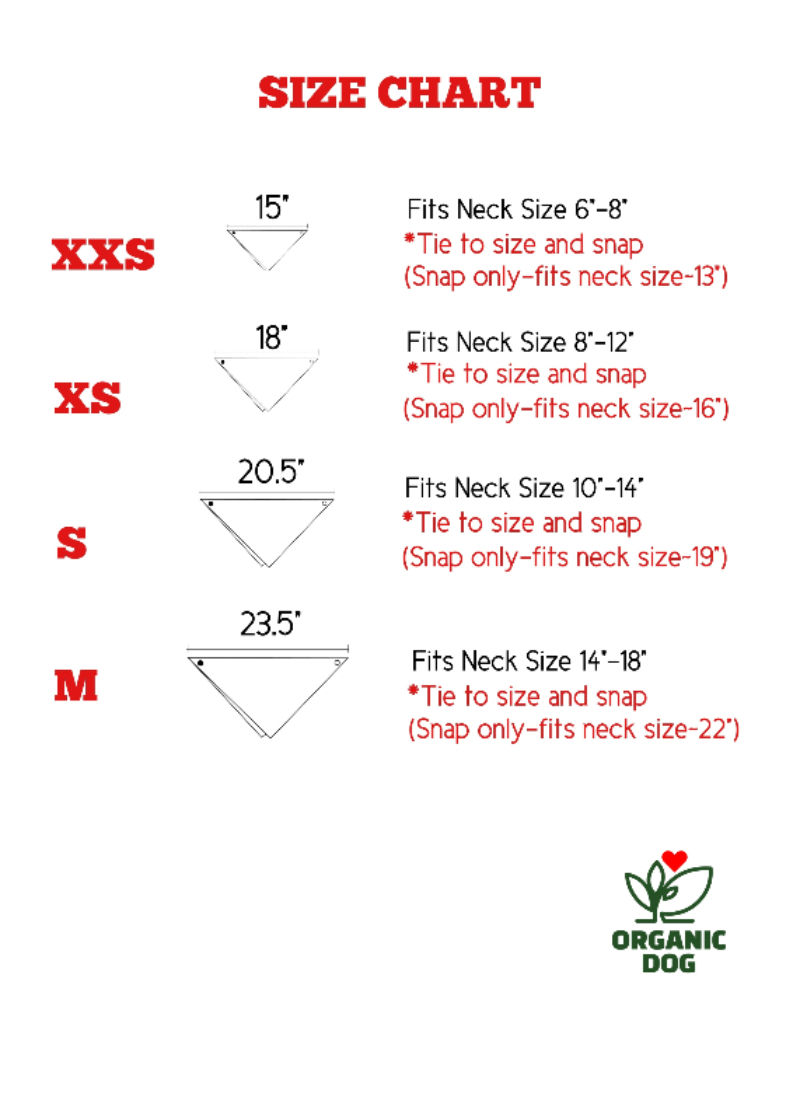 Thumbnail: Dog bandana size chart showing XXS to M measurements and neck size fit guide