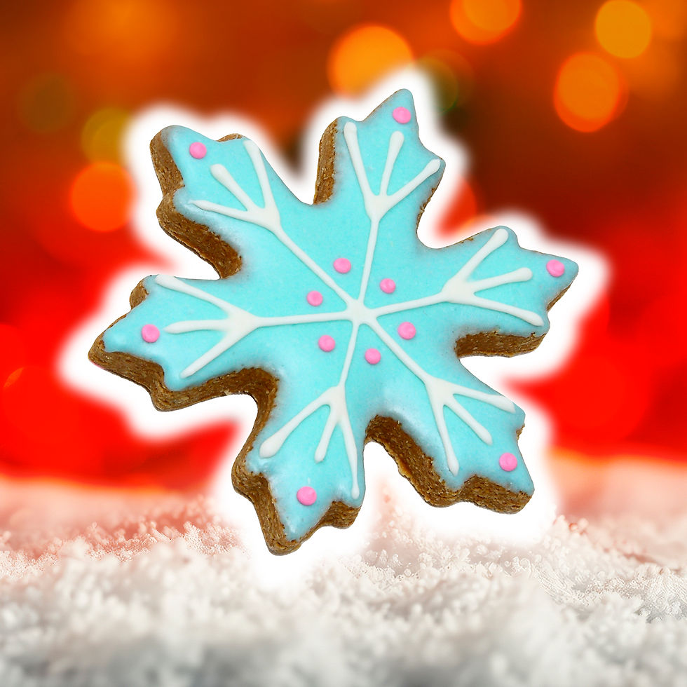 Blue snowflake vanilla dog cookie with pink accents on glowing red winter background