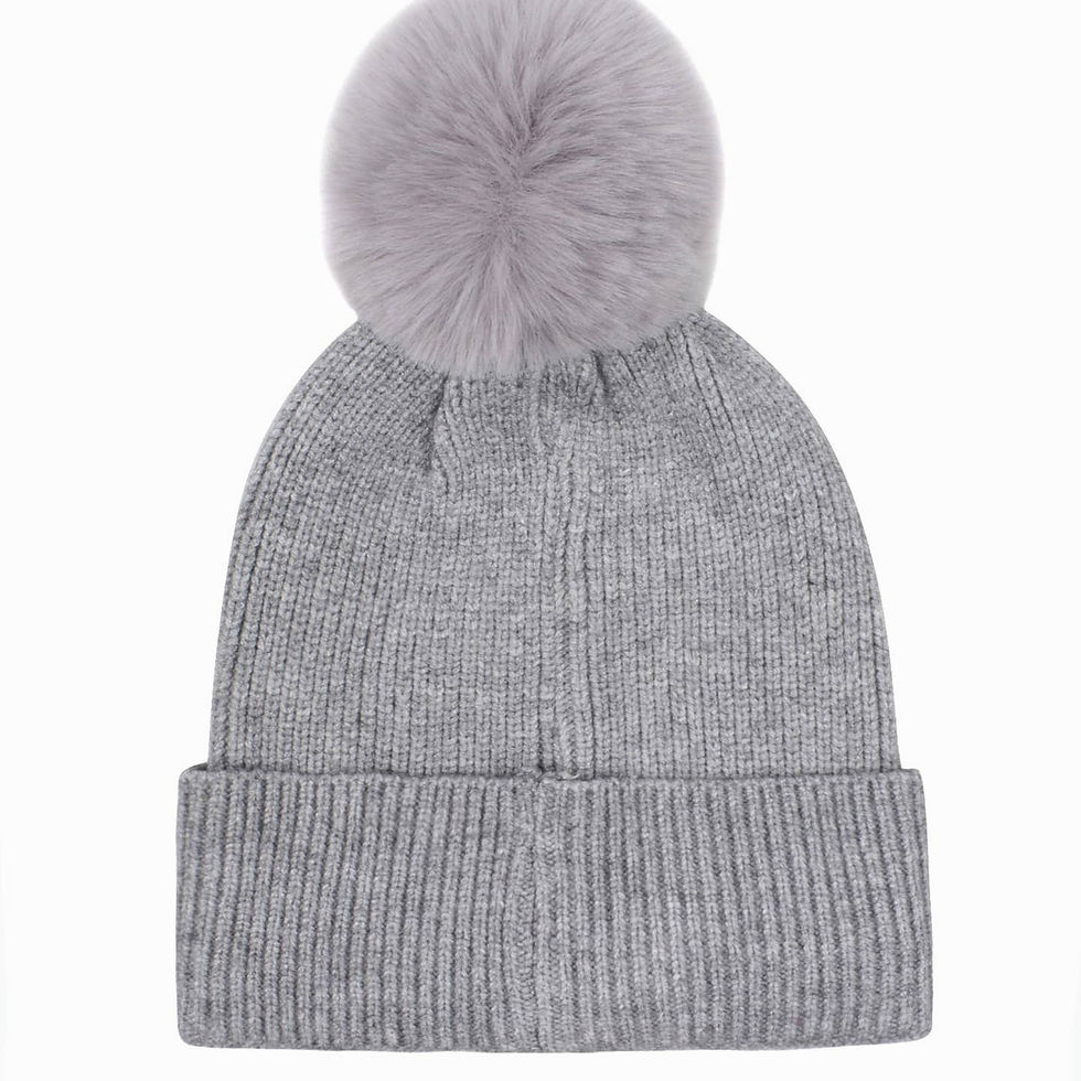 Thumbnail: Gray Pittie Mom knit beanie with faux fur pompom back view