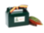 Hunter green Fall cookie gift box with striped ribbon and Happy Fall label displayed beside colorful autumn leaves.