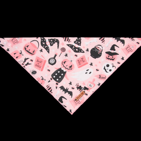 Baby pink Halloween dog bandana with ghosts, pumpkins, black bat charm and wooden Organic Dog tag