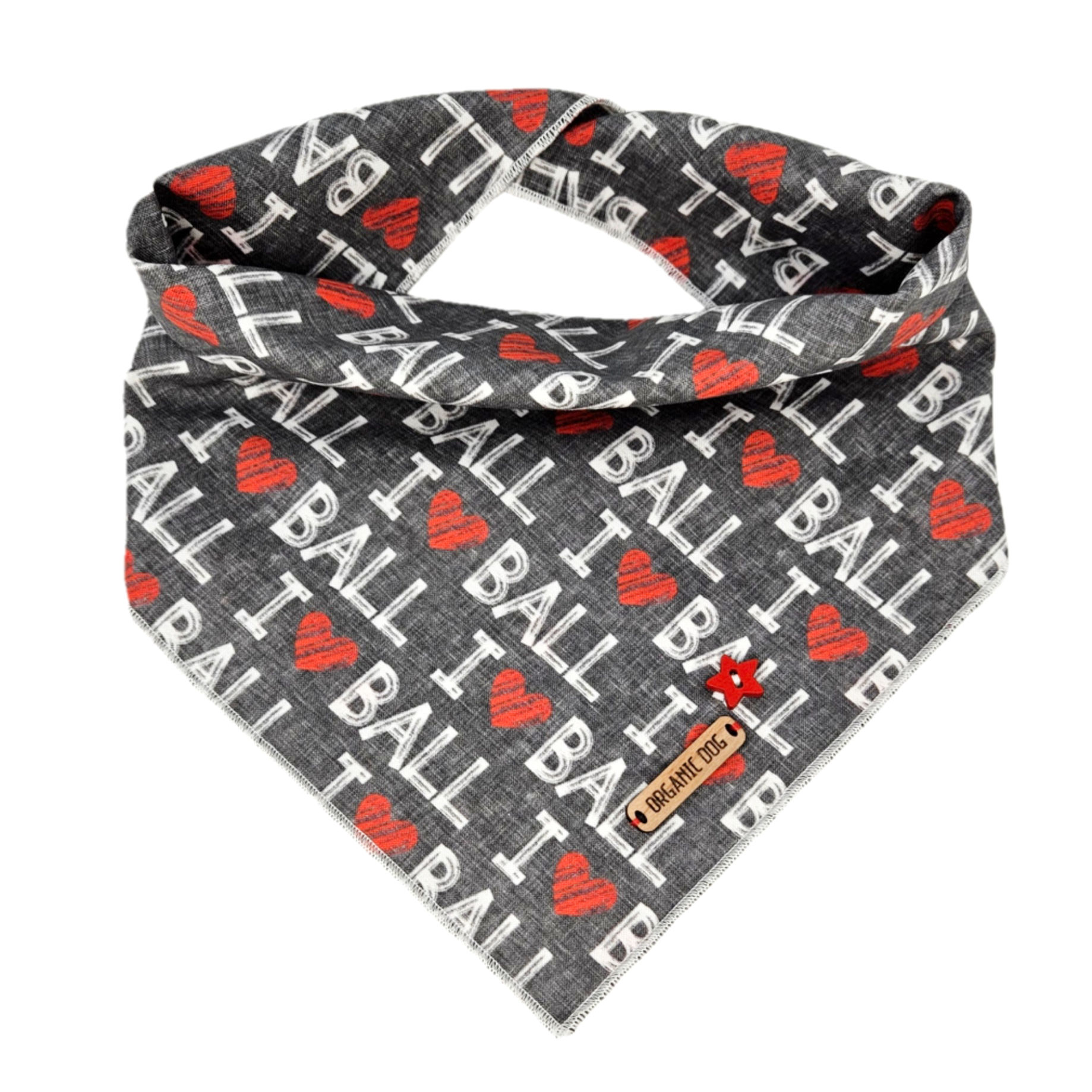 Handmade I Love Ball dog bandana in charcoal fabric with red hearts and sporty ball print