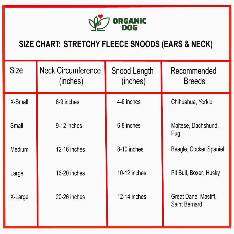 Thumbnail: Stretchy fleece snood size chart with neck measurements, snood lengths, and recommended dog breeds