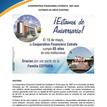 Cooperativa Financiera Cotrafa: 1957 - 2022-65 años contigo