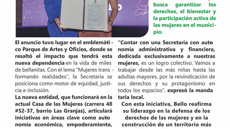 Bello dio un paso Historico con la creación de la Secretaría de La Mujer