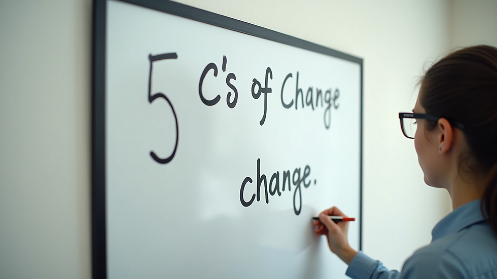 High angle view of a whiteboard with the 5 C's of change written and illustrated