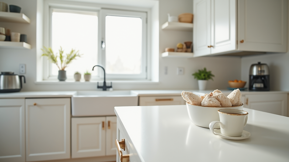 Eye-level view of freshly painted white kitchen cabinets
