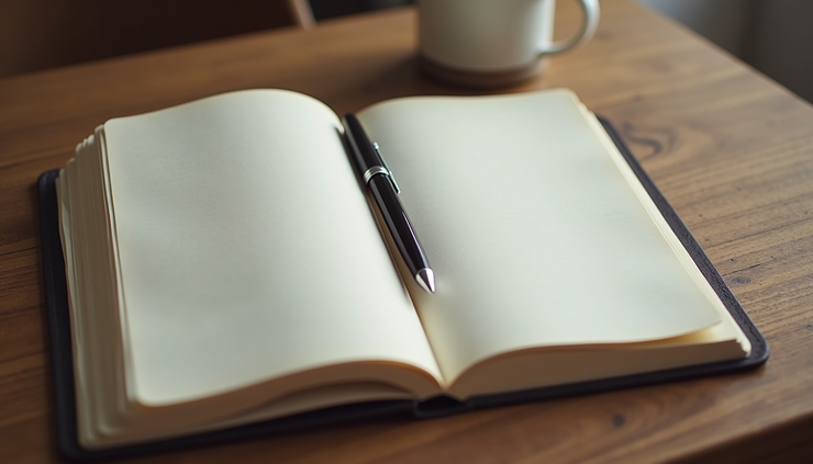 High angle view of a journal and pen on a wooden table
