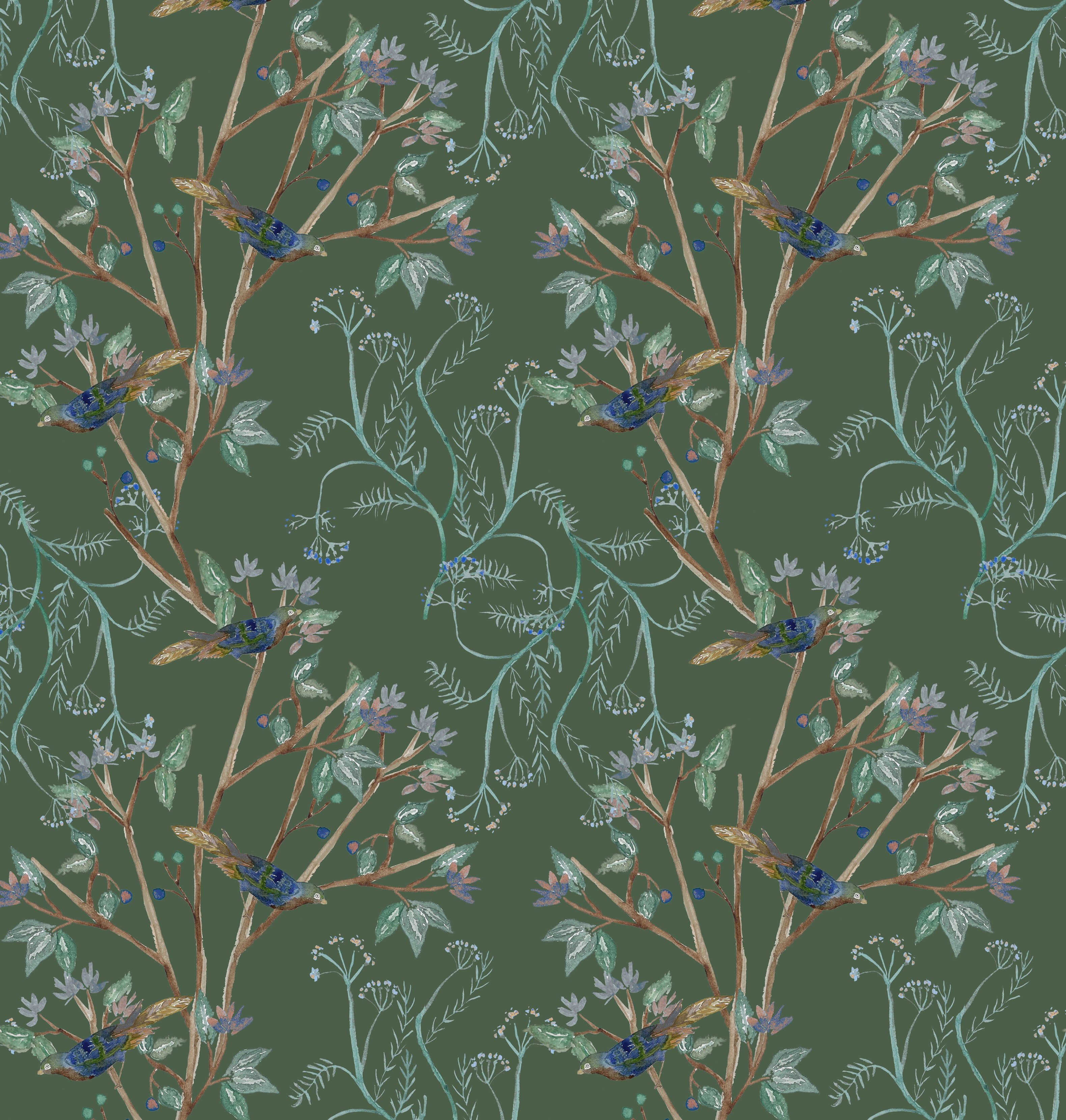 Textiles by SMITH - Bird Green Print Wallpaper